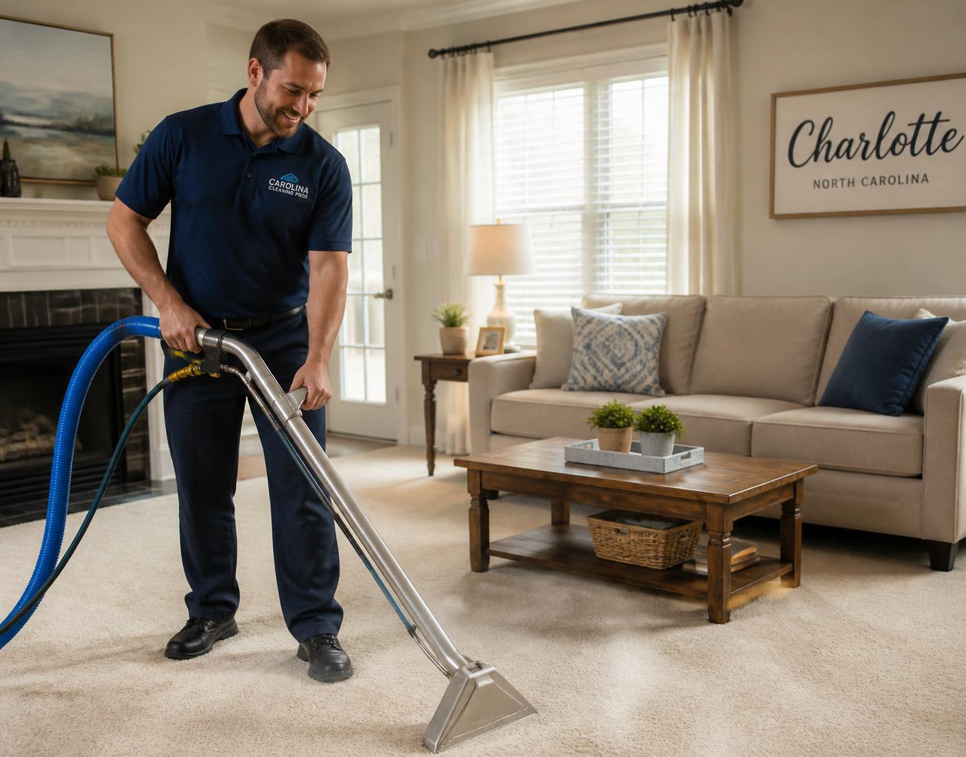Clean Floors technician steam cleaning a Charlotte living room carpet